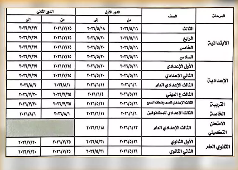 مواعيد امتحانات نهاية العام في المنوفية 2 جدول الامتحانات