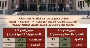 السكة الحديد تشغّل قطارات مخصوصة بين القاهرة والإسماعيلية والإسكندرية والعكس