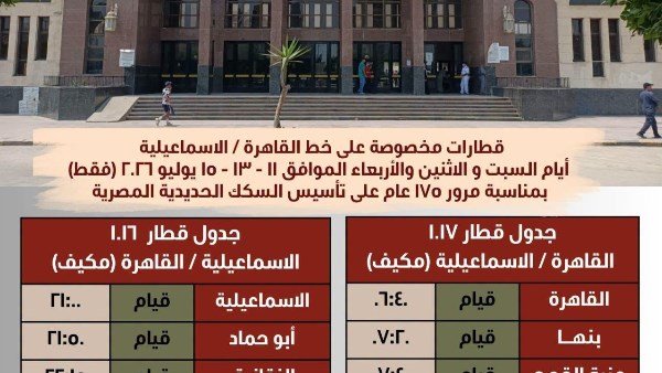 السكة الحديد تشغّل قطارات مخصوصة بين القاهرة والإسماعيلية والإسكندرية والعكس