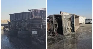"العربية ولعت بيهم".. مصرع شخصين في تصادم شاحنتين بالسويس (صور)
