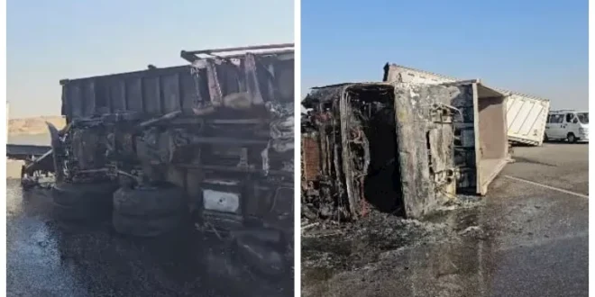 "العربية ولعت بيهم".. مصرع شخصين في تصادم شاحنتين بالسويس (صور)